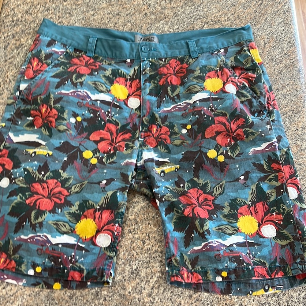 WESC Teal Floral Print Men's Shorts with Red & Yellow Accents